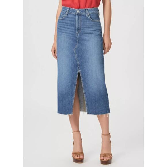 PAIGE Meadow Raw Hem Denim Midi Skirt Size 24 - Picture 1 of 9
